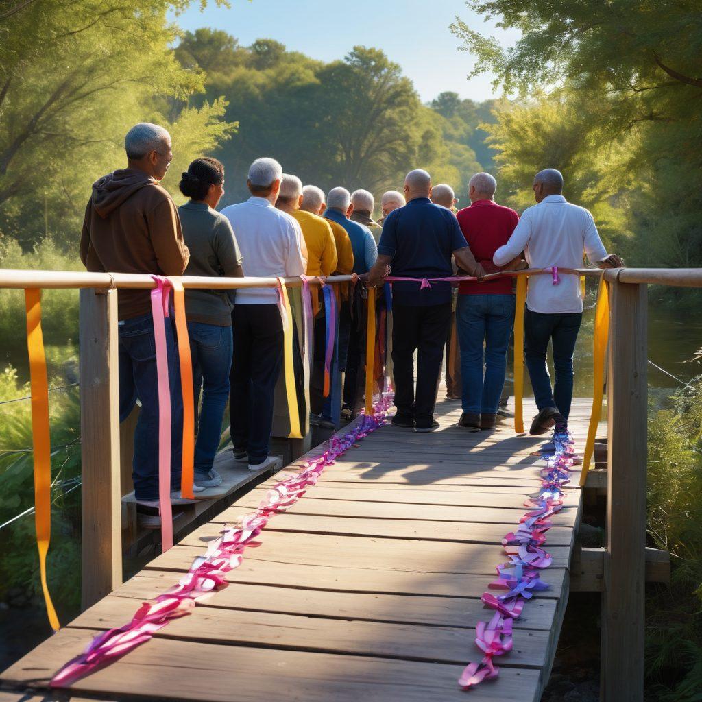 A serene scene depicting a diverse group of individuals from the cancer community, gathered on a symbolic bridge that represents support and connection. The bridge is adorned with colorful ribbons symbolizing hope and survival, while the background showcases a lush, healing landscape. Expressions of camaraderie and strength are evident on their faces, capturing the essence of community in challenging times. Gentle sunlight filters through the scene, enhancing a sense of optimism and resilience. vibrant colors. super-realistic.