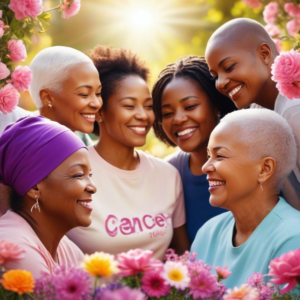 A diverse group of cancer survivors and caregivers engaged in conversation, sharing smiles and hope, with a vibrant community support backdrop featuring blooming flowers and supportive phrases. The scene is filled with warm sunlight symbolizing empowerment and strength, depicting unity and resilience in the face of challenges within the cancer community. super-realistic. vibrant colors. soft focus.