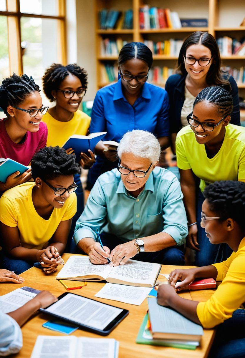 A diverse group of individuals of various ages and backgrounds engaged in an interactive workshop, surrounded by books, technology, and supportive materials symbolizing education and advocacy. Emphasize expressions of empowerment and collaboration, with light streaming in to signify hope and progress. Vibrant colors and dynamic composition to evoke a sense of community and growth. super-realistic. bright colors. uplifting atmosphere.